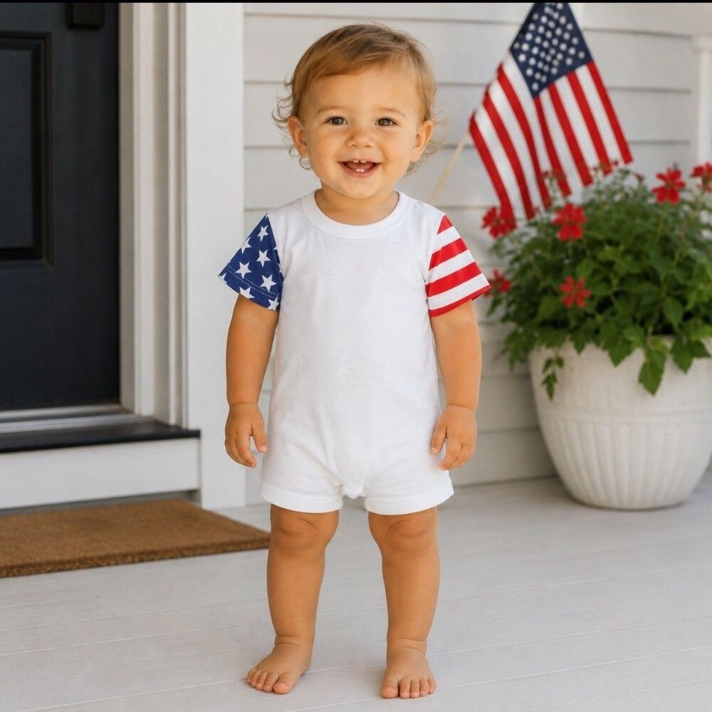 Vtg 90's Patriotic Baby Romper 12 Mth USA Fourth of July Unisex Snap Jersey Tee